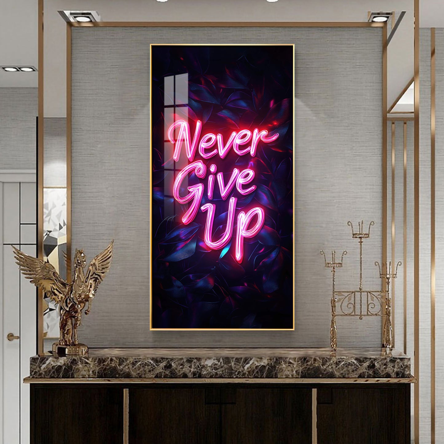 Never Give Up motivational Glass Finish Vertical Wall Art