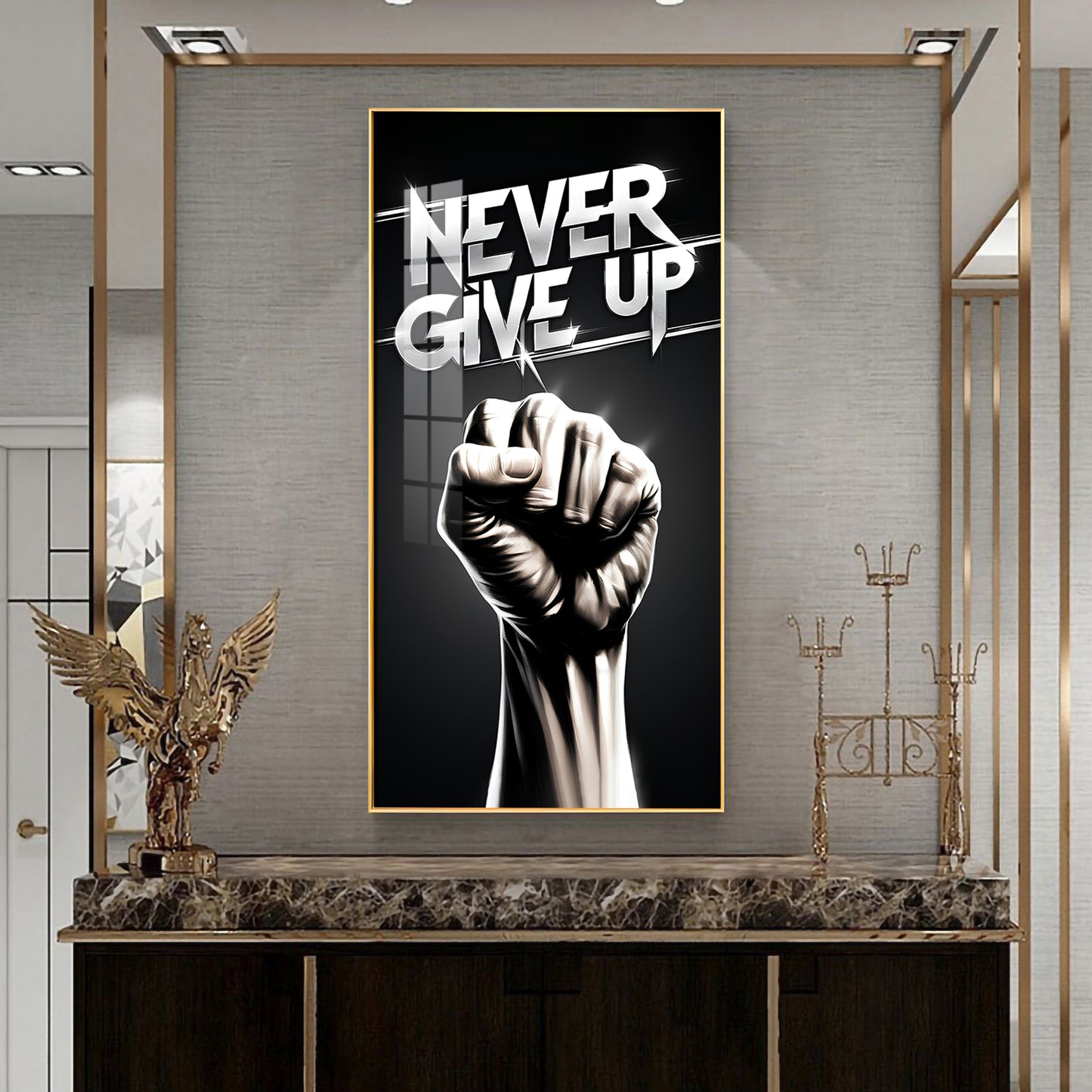 Never Give Up Motivational Quote Glass Finish Vertical Wall Art