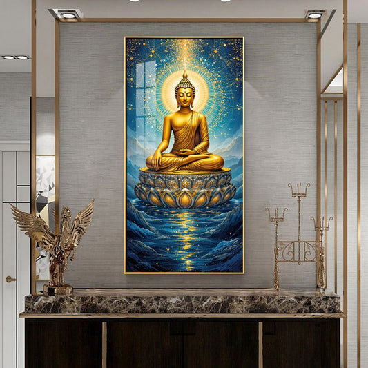 Calm Buddha In River Glass Finish Vertical Wall Art