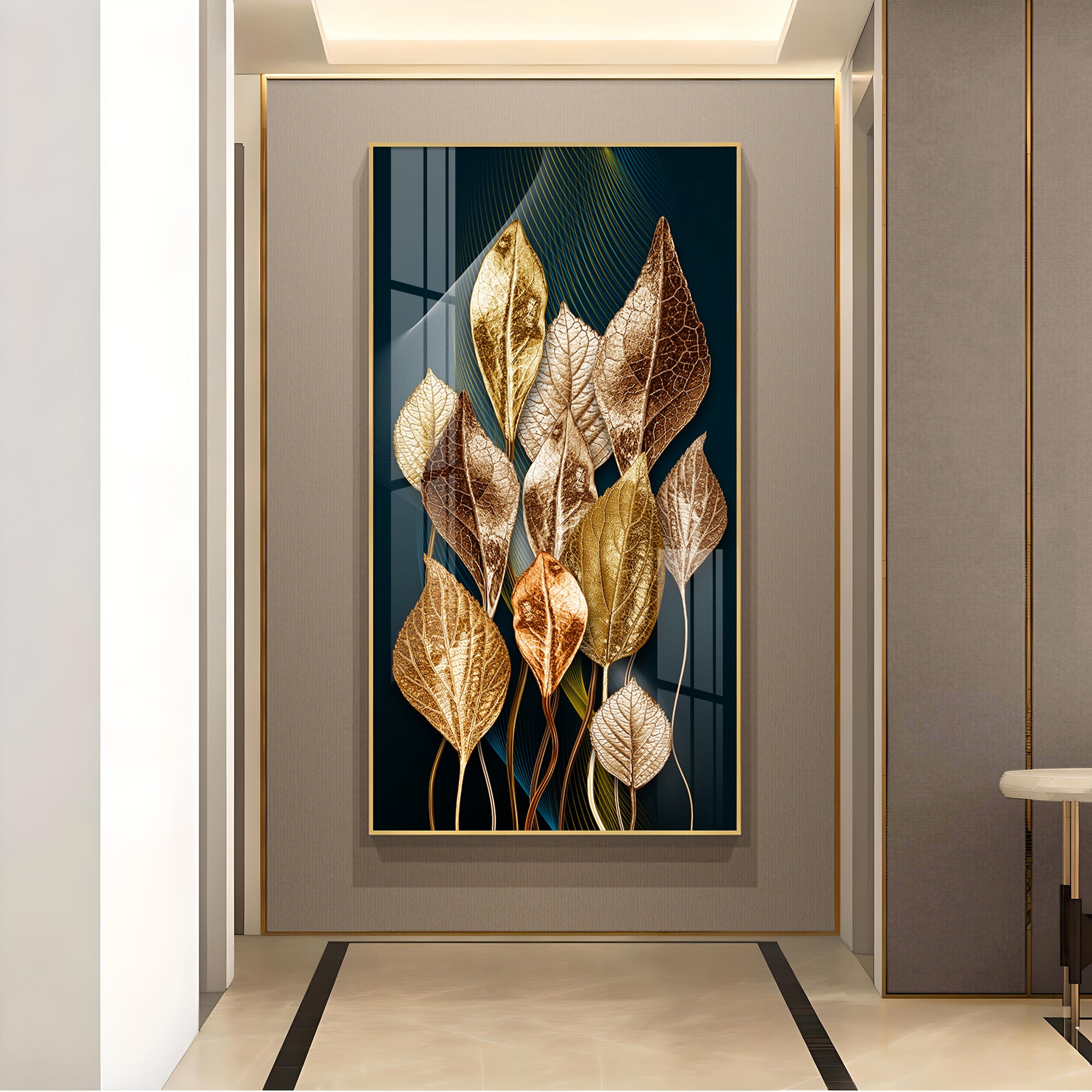 Golden Leafy Luxe Glass Finish Vertical Wall Art