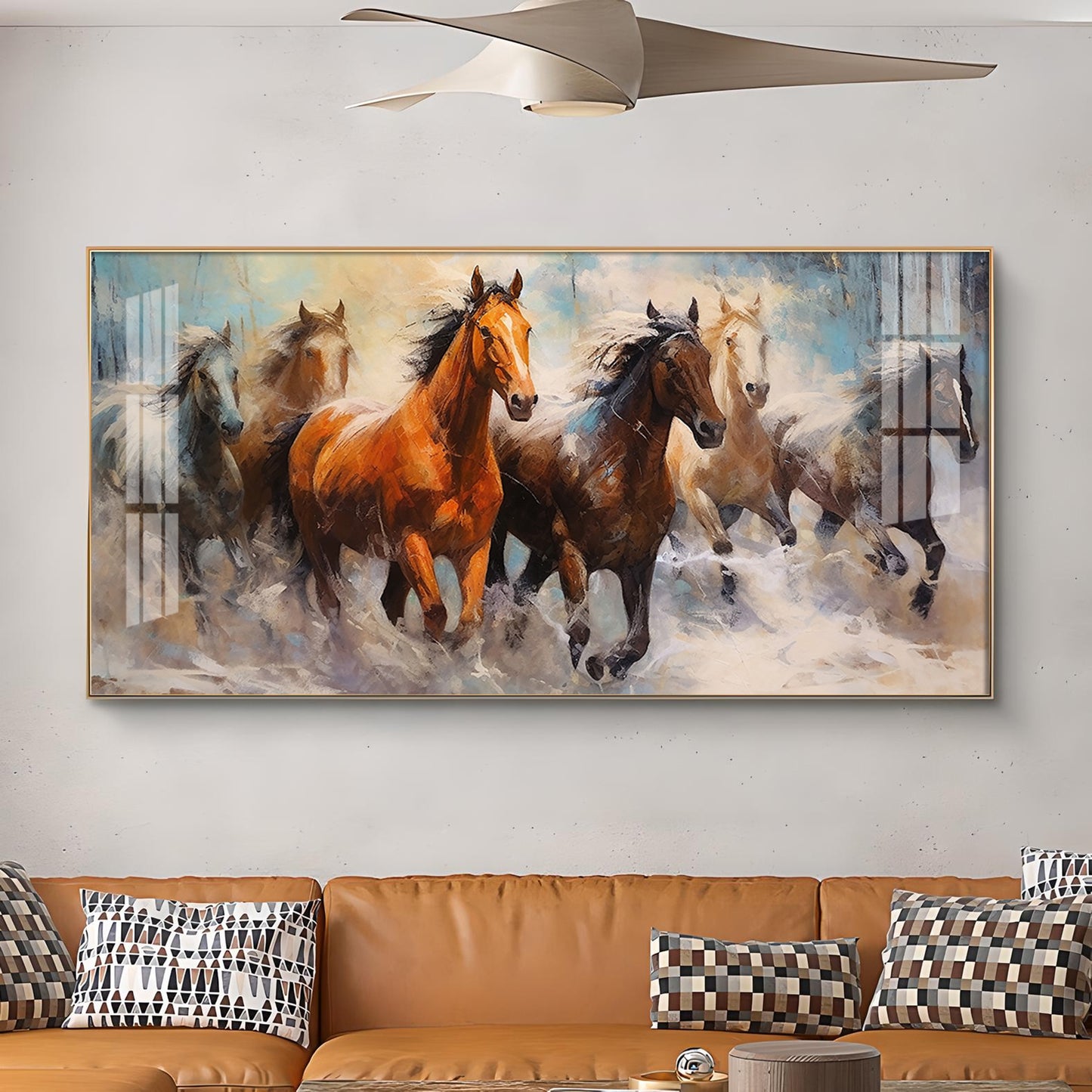 Jungle Running Horses Vastu Glass Finish Horizontal Wall Art