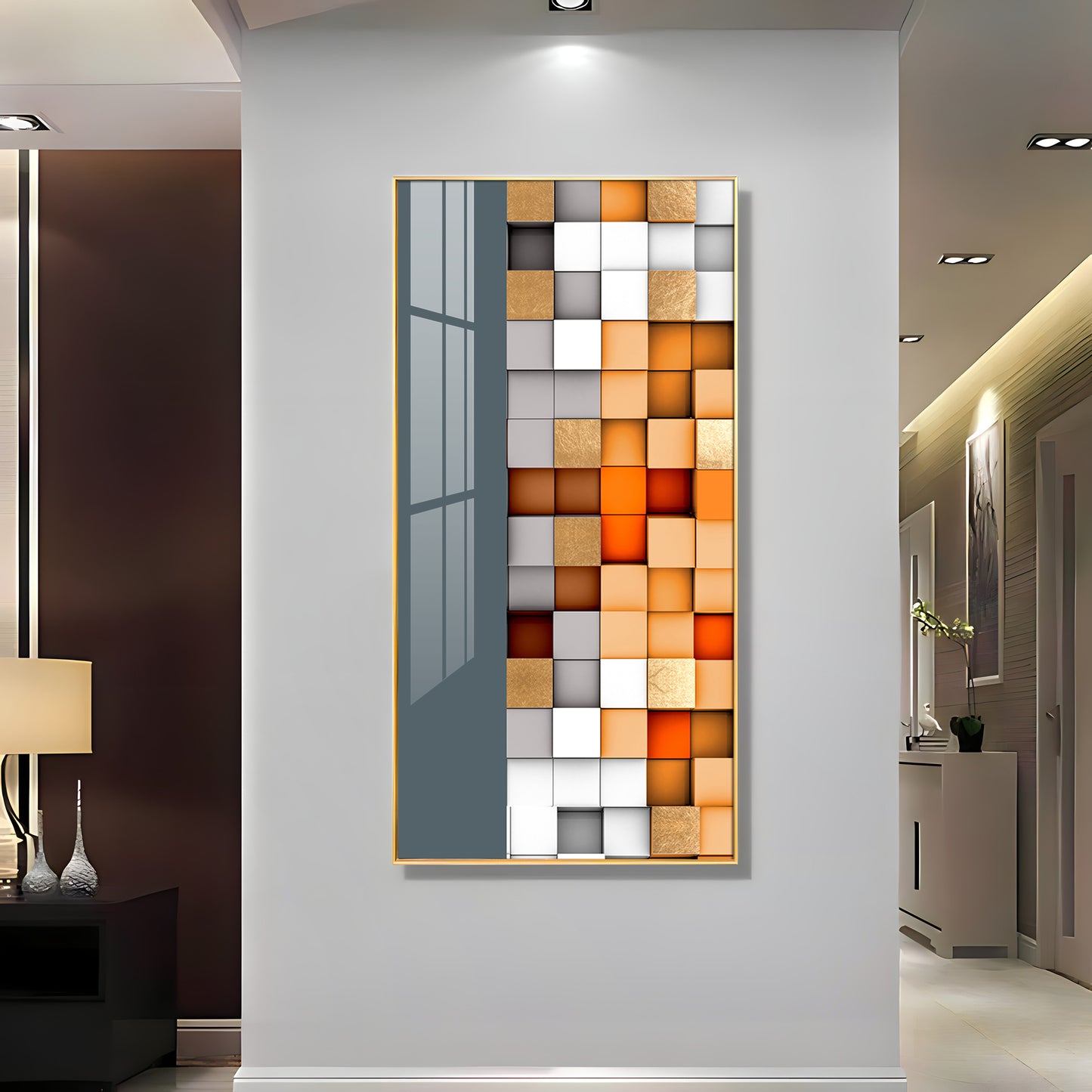 Multiple Abstract Blocks Glass Finish Vertical Wall Art