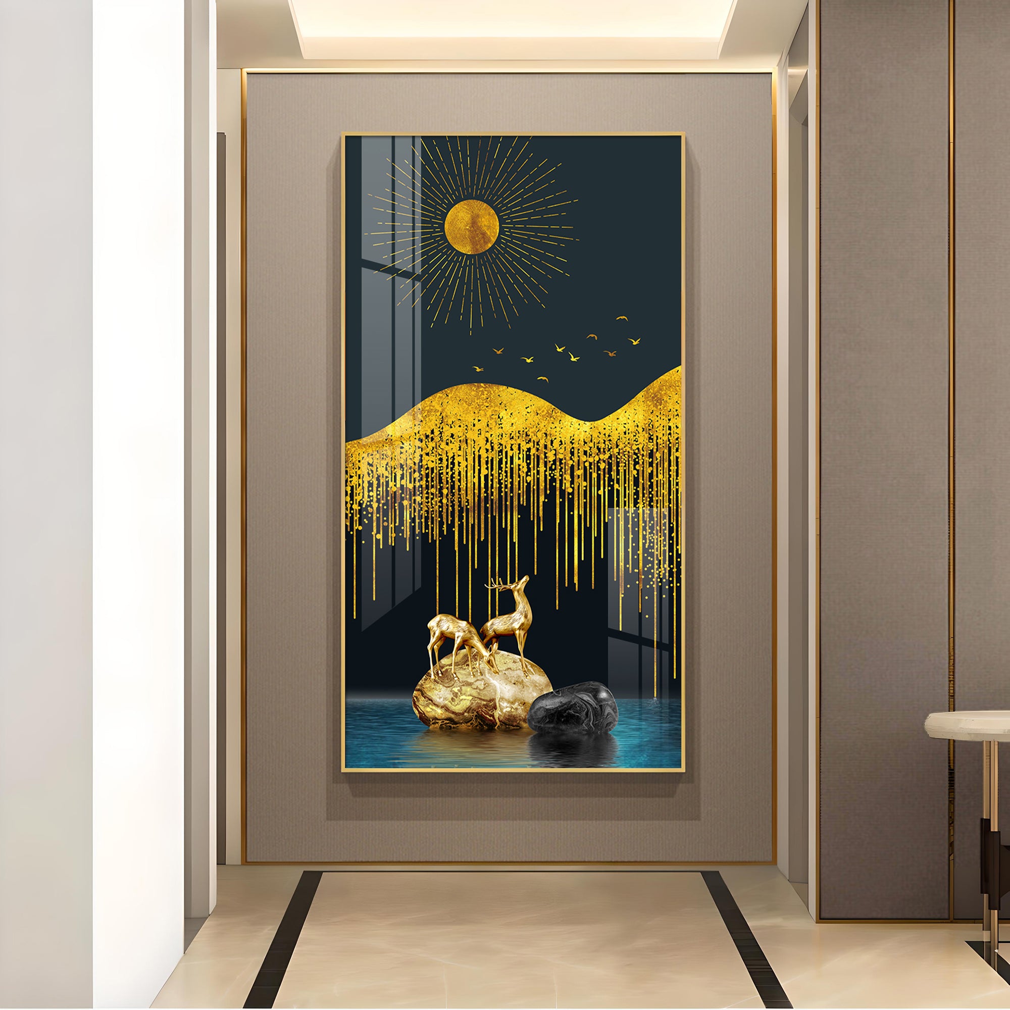 Golden Deer Essence Glass Finish Vertical Wall Art