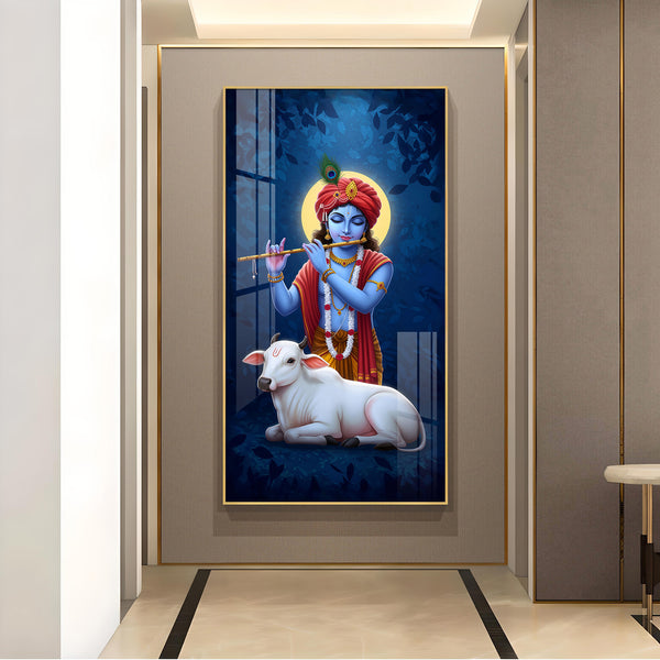 Hindu God Krishna Glass Finish Verticall Wall Art