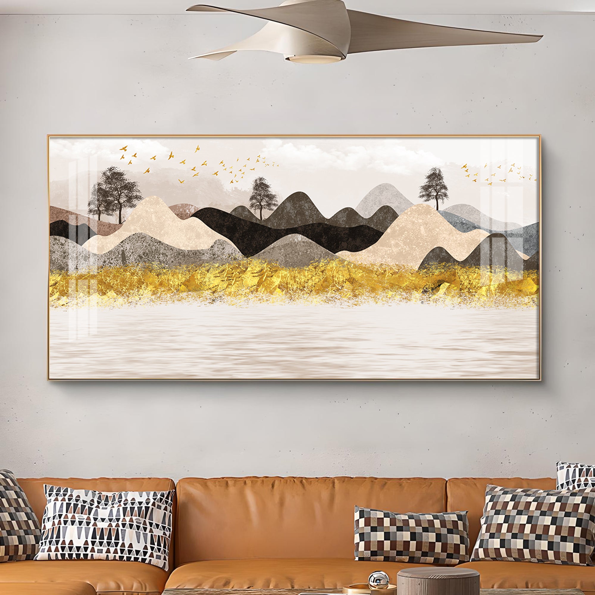 Colorful Golden Mountain Glass Finish Horizontal Wall Art