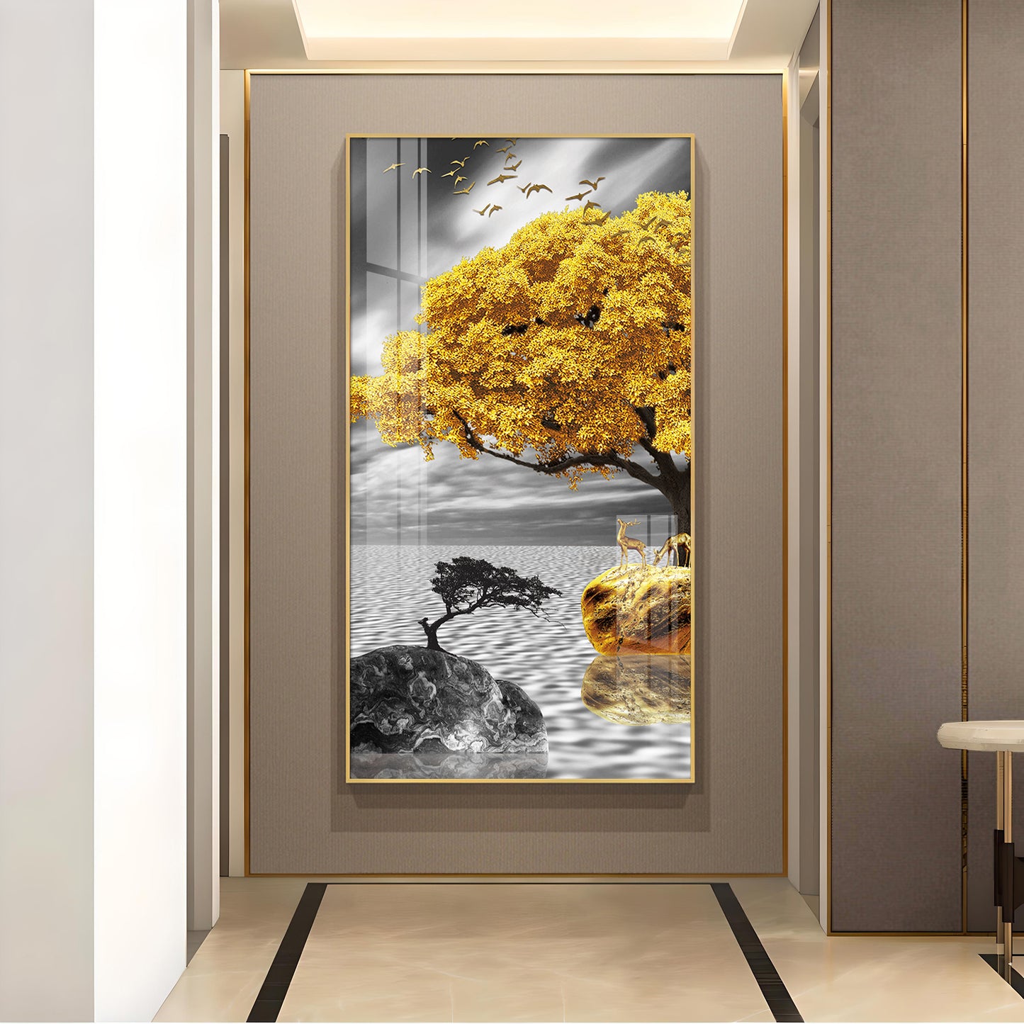 Golden Tree Oasis Glass Finish Vertical Wall Art