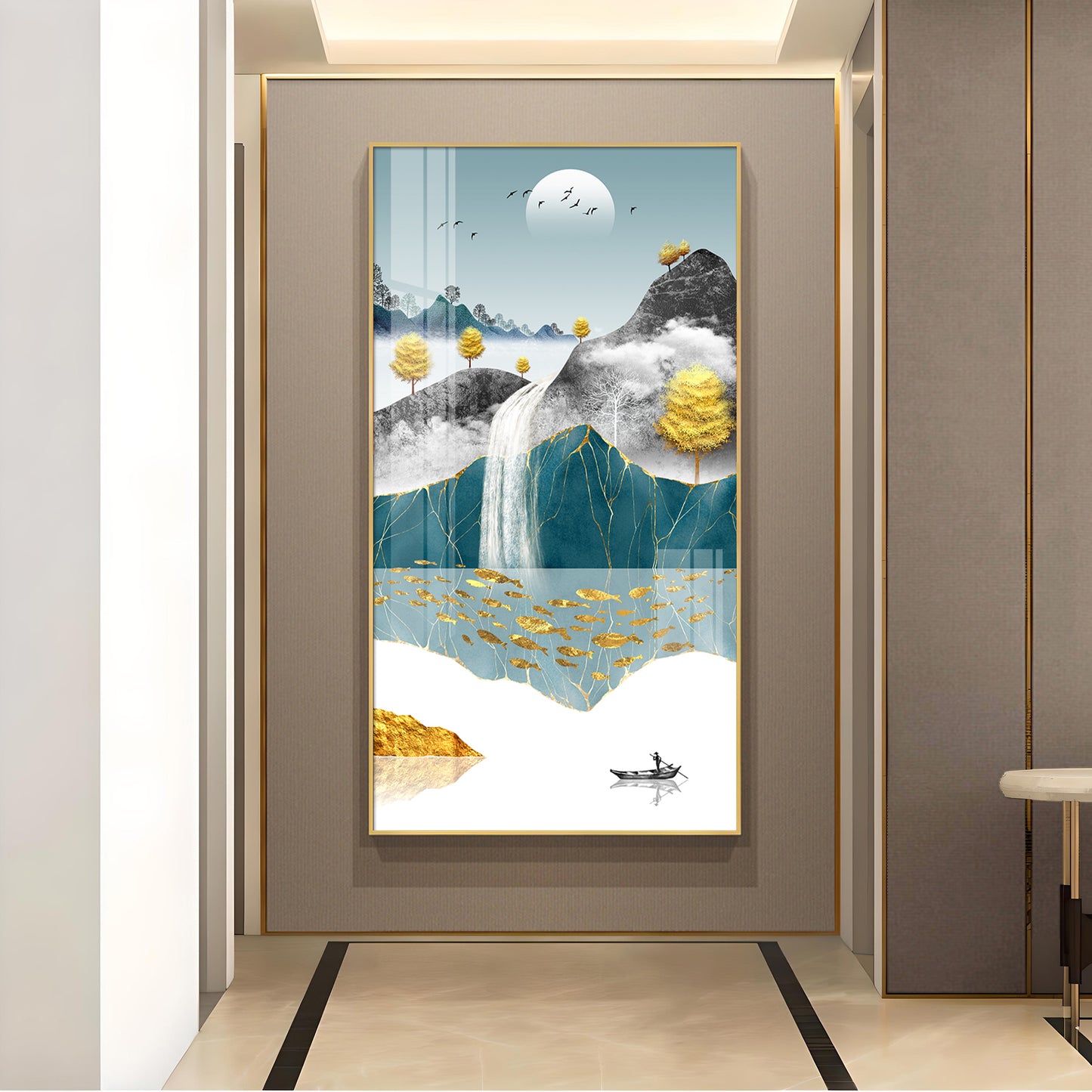 Painting of a Waterfall and Boat Glass Finish Vertical Wall Art