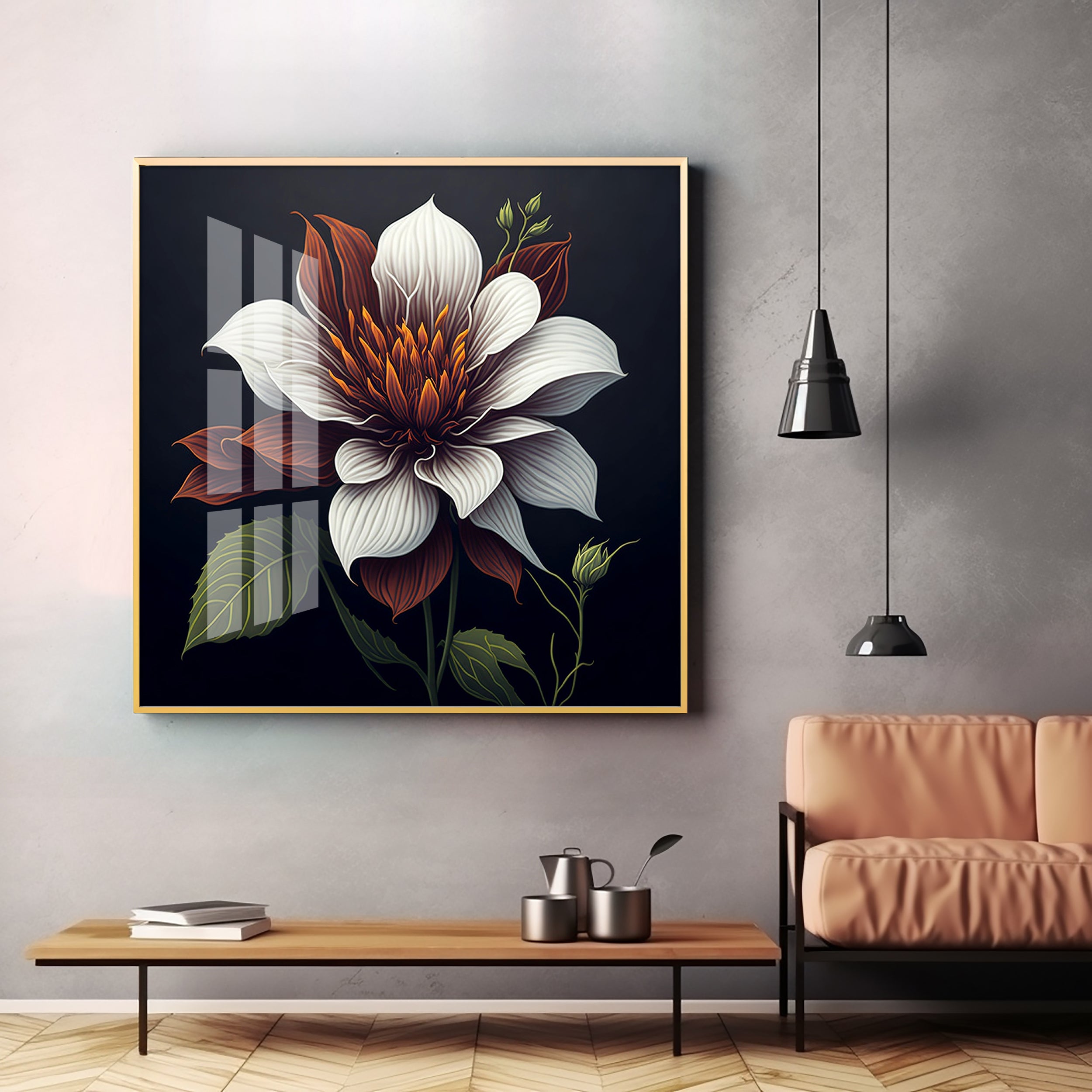 Floral Harmony in White Glass Finish Square Wall Art