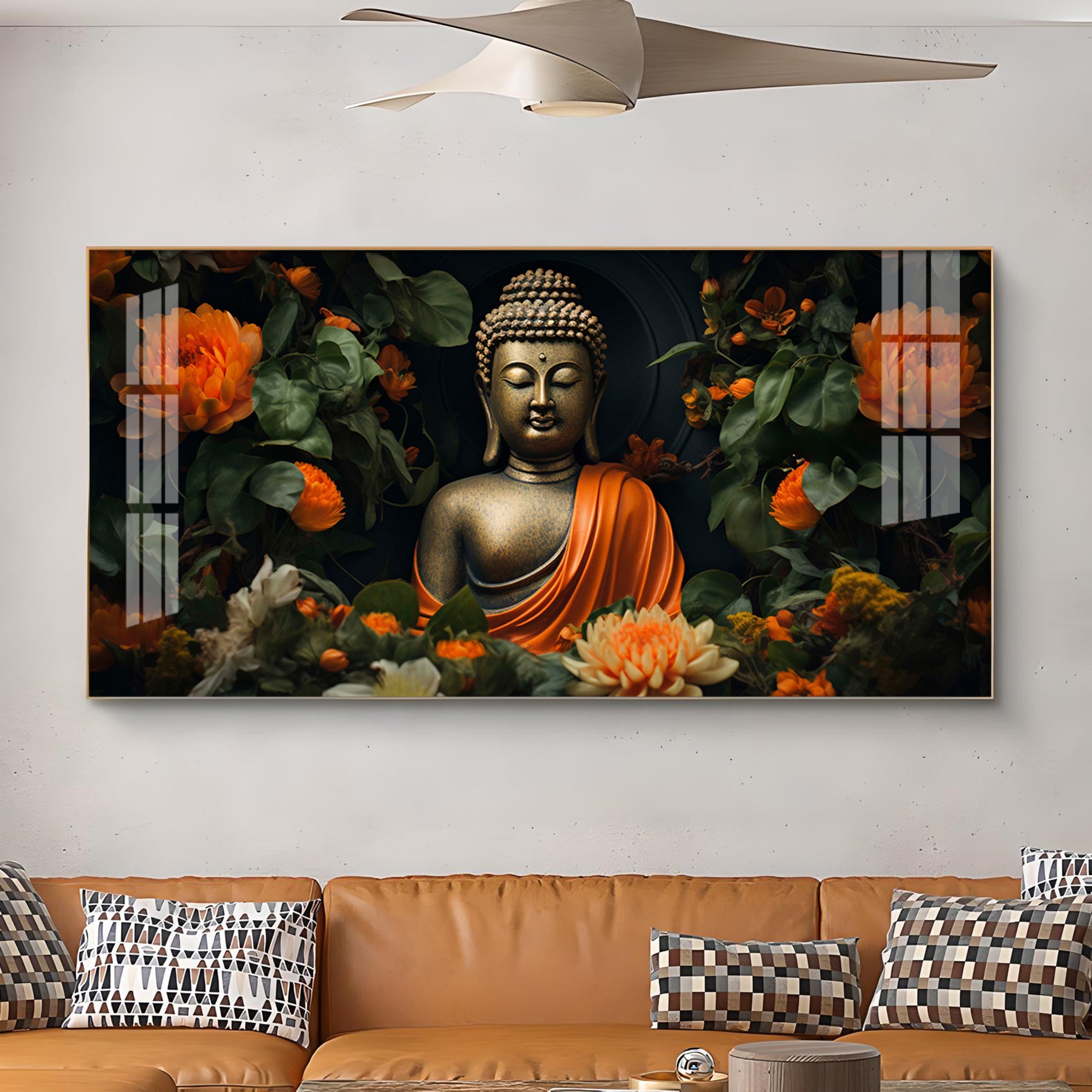 Luminous Buddha With Flower Glass Finish Horizontal Wall Art