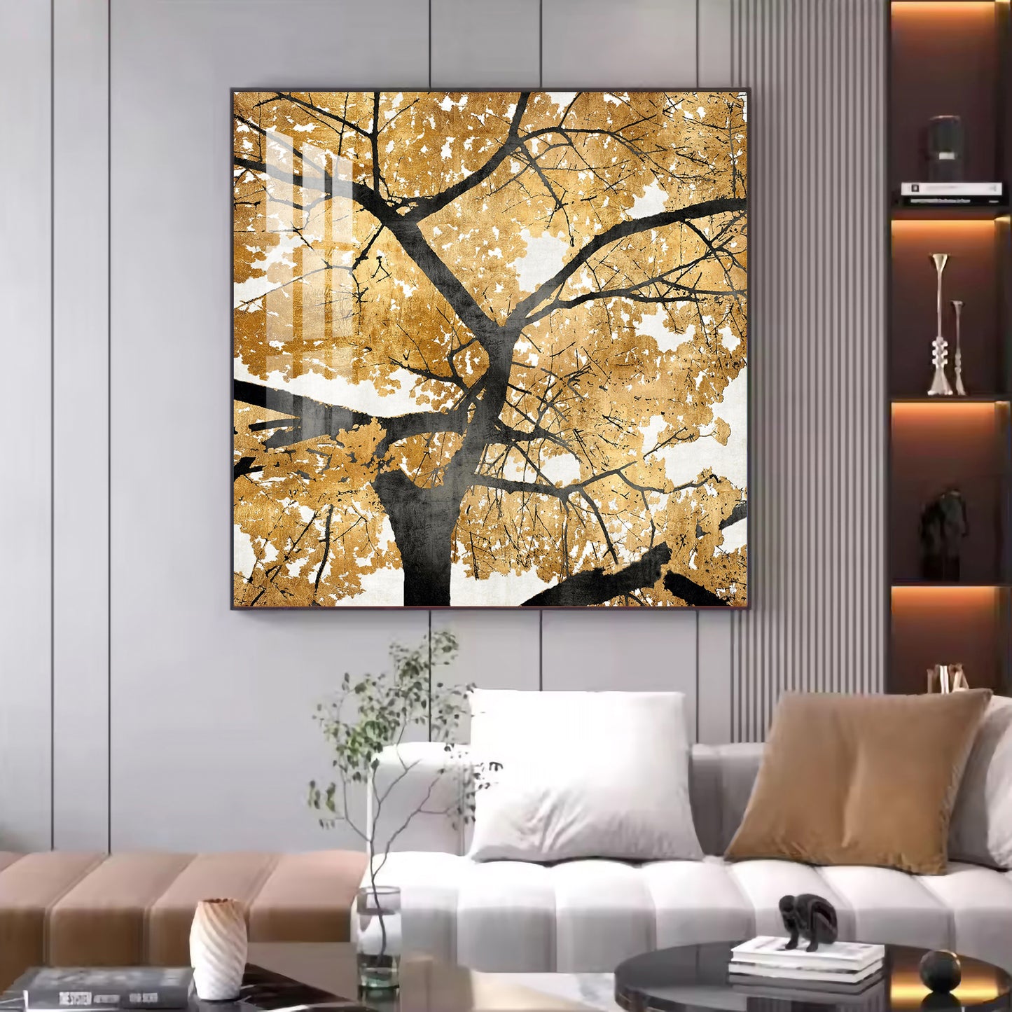 Radiant Tree of Gold Glass Finish Square Wall Art