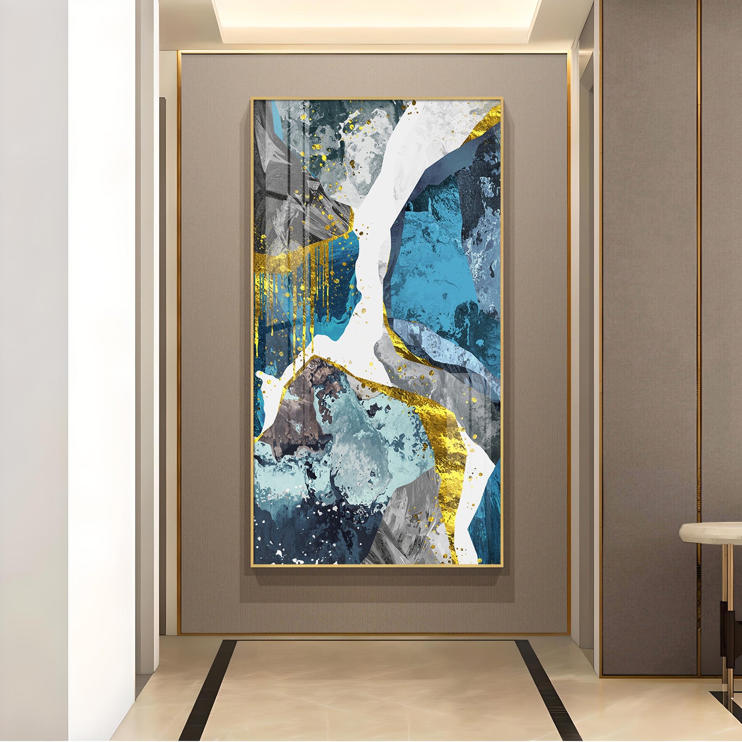 Gold and Blue Abstraction Glass Finish Vertical Wall Art