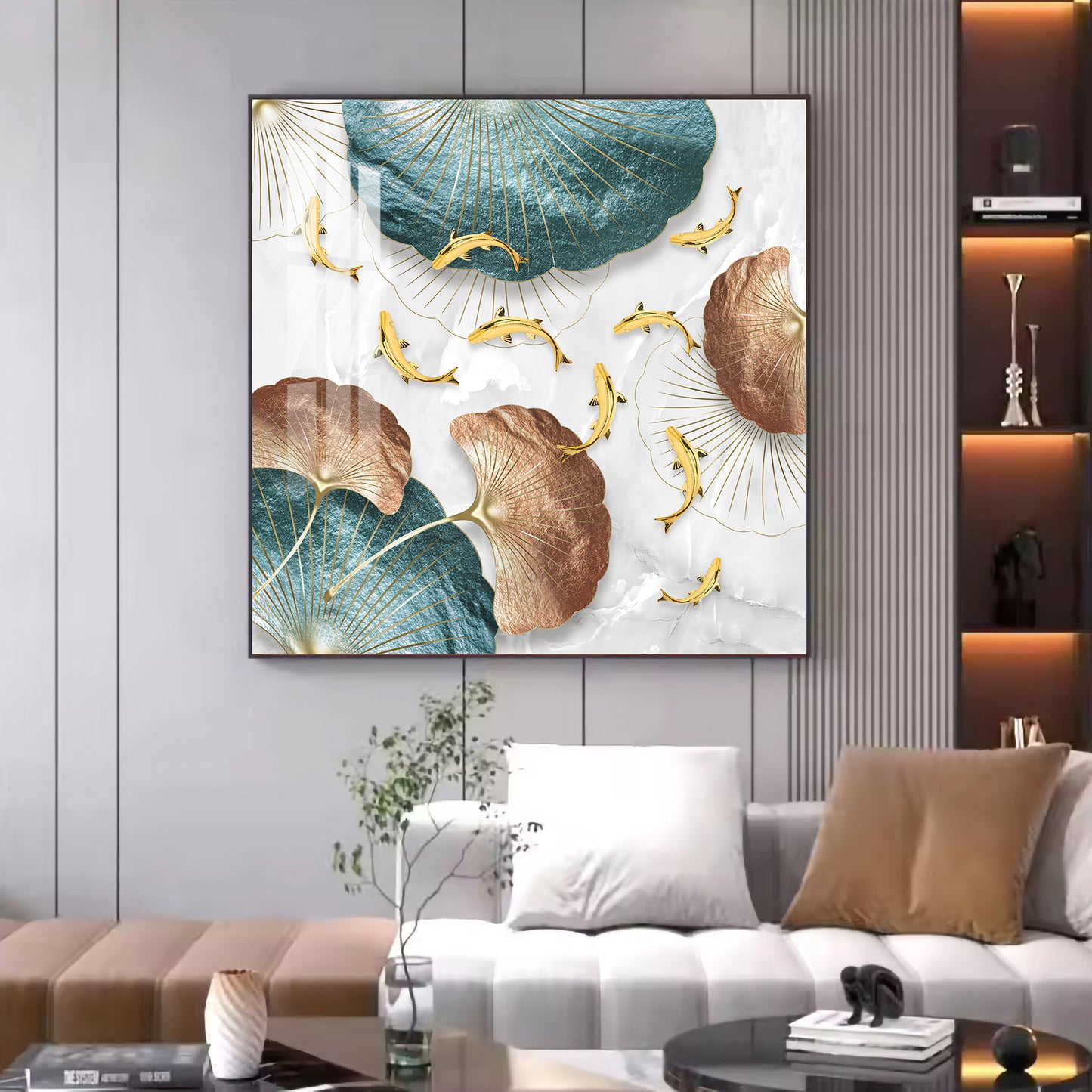 Opulent Blue Gold Flora Glass Finish Square Wall Art