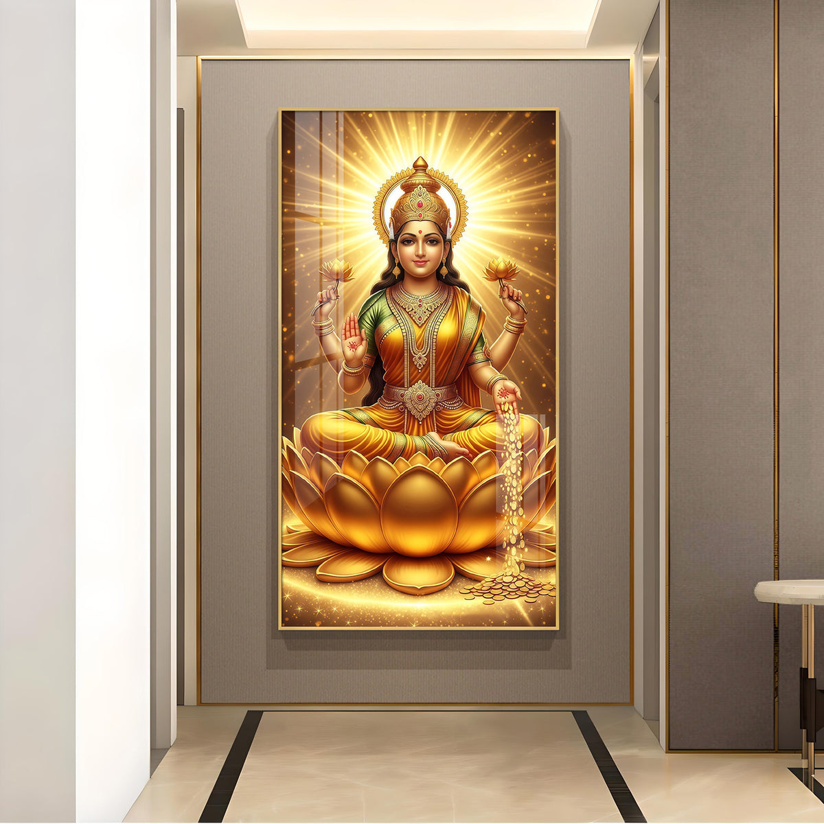 Maa Laxmi On Lotus Glass Finish Vertical Wall Art