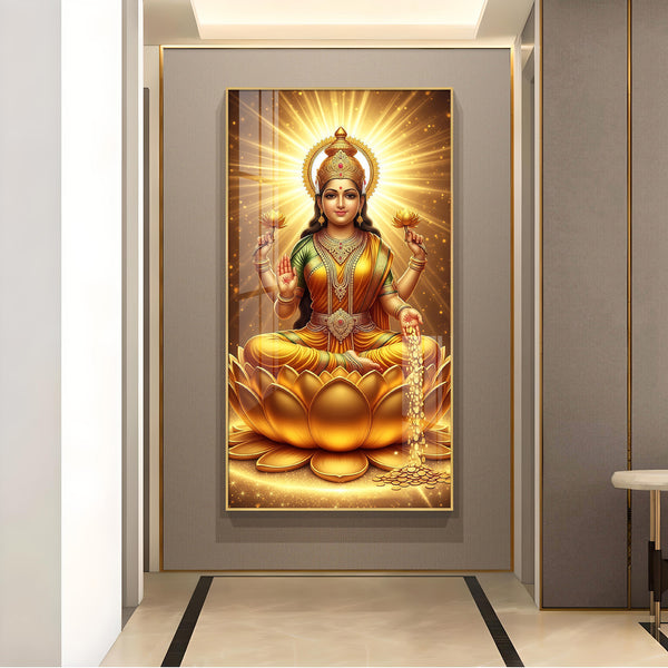 Maa Laxmi On Lotus Glass Finish Vertical Wall Art