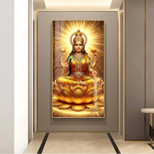 Maa Laxmi On Lotus Glass Finish Vertical Wall Art