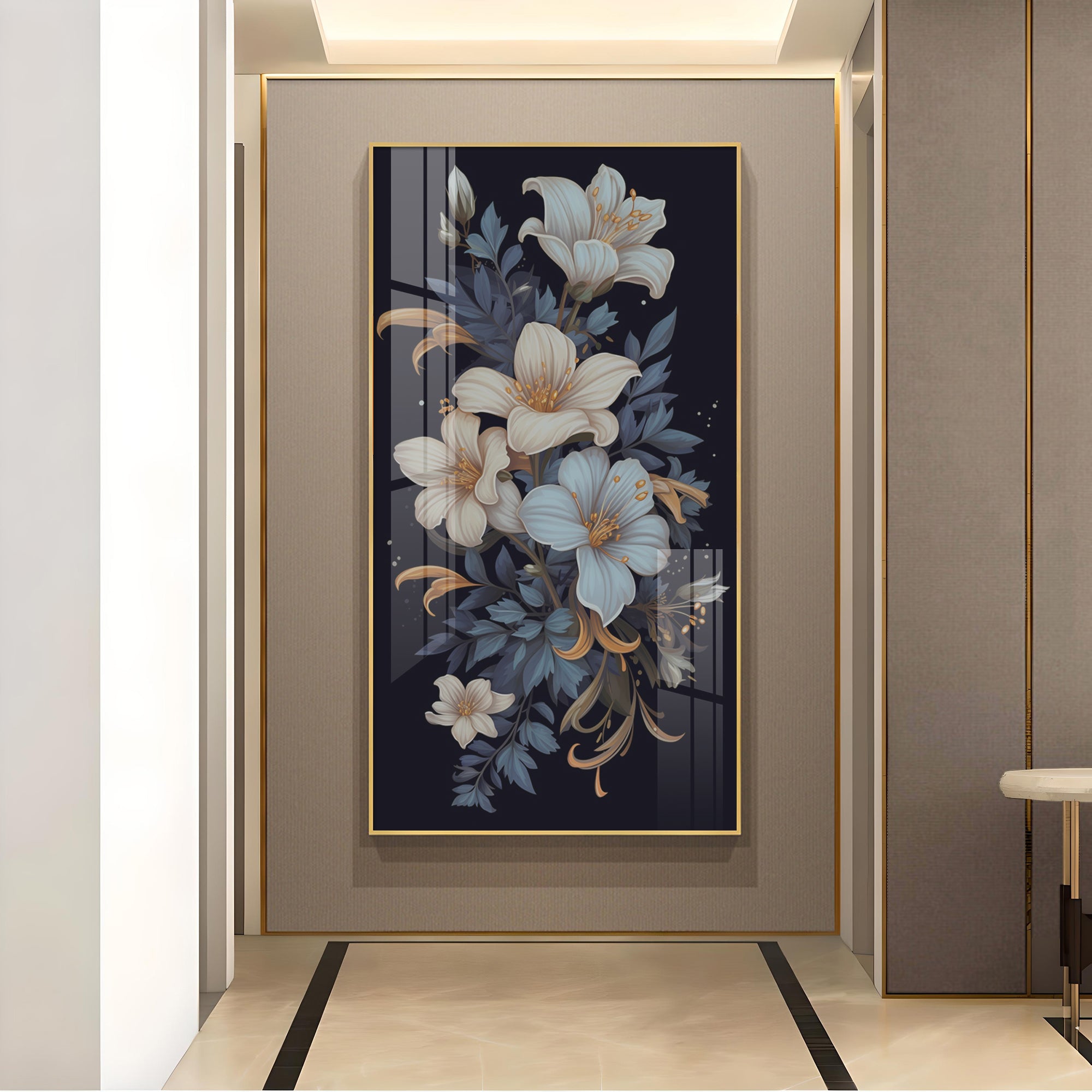 Obsidian Floral Glass Finish Vertical Wall Art