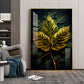 Golden Aura Leaf Glass Finish Vertical Wall Art