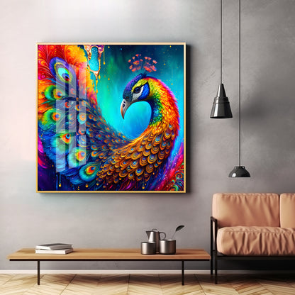 Peacock Elegance Glass Finish Square Wall Art