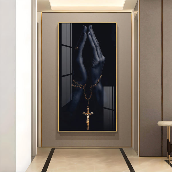 Jesus On The Cross Hand Glass Finish Vertical Wall Art