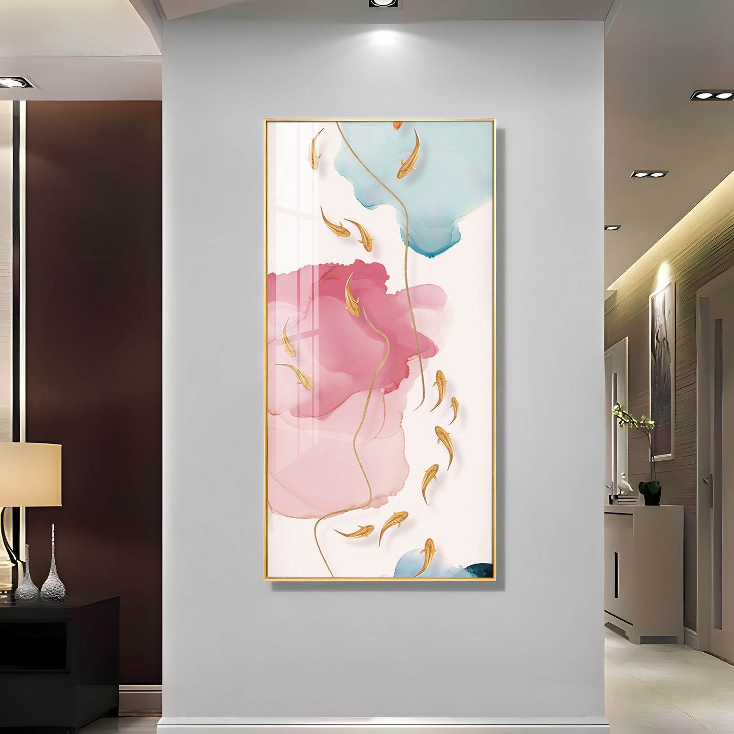 Pink and Blue Floral Glass Finish Vertical Wall Art