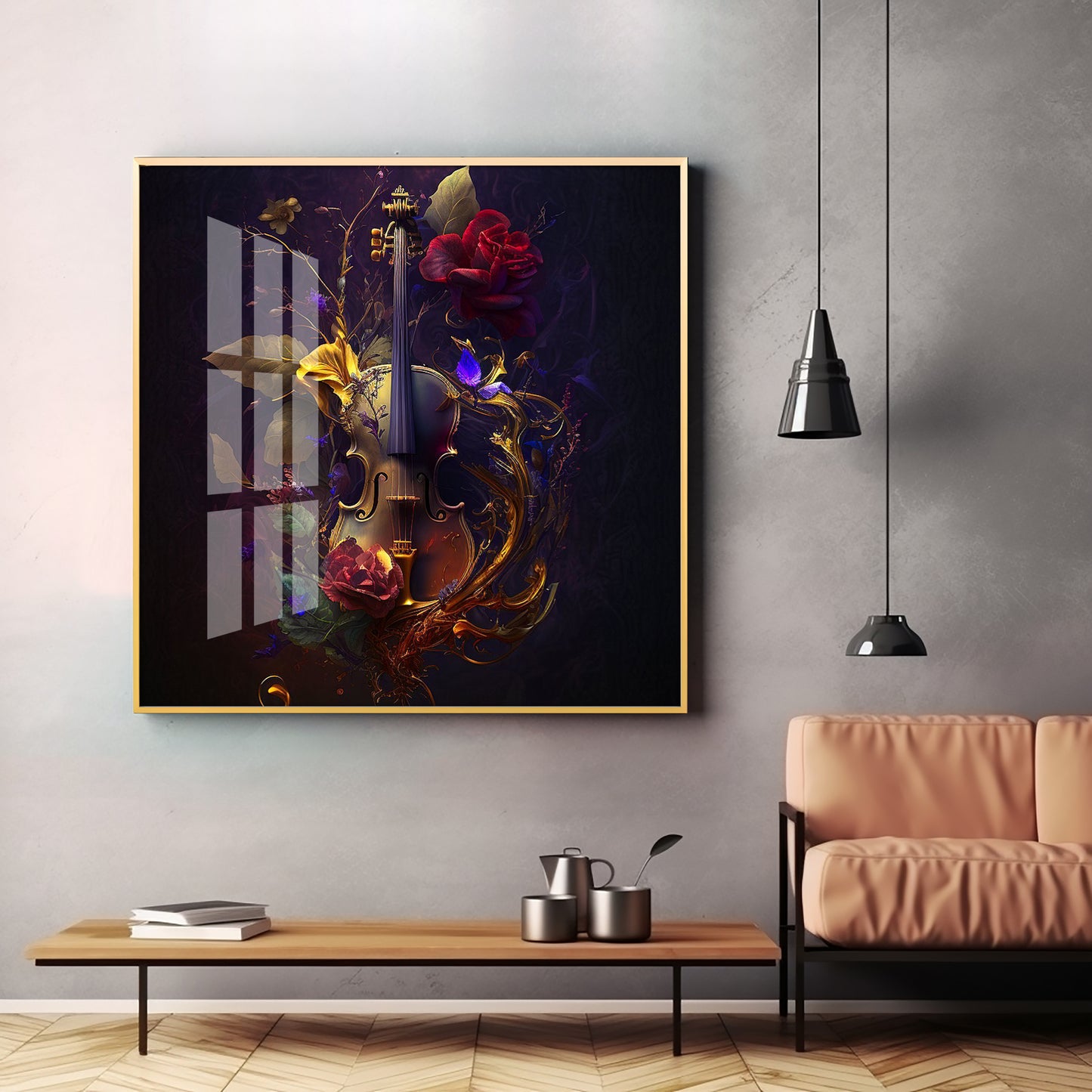 Violin and Rose Composition Glass Finish Square Wall Art