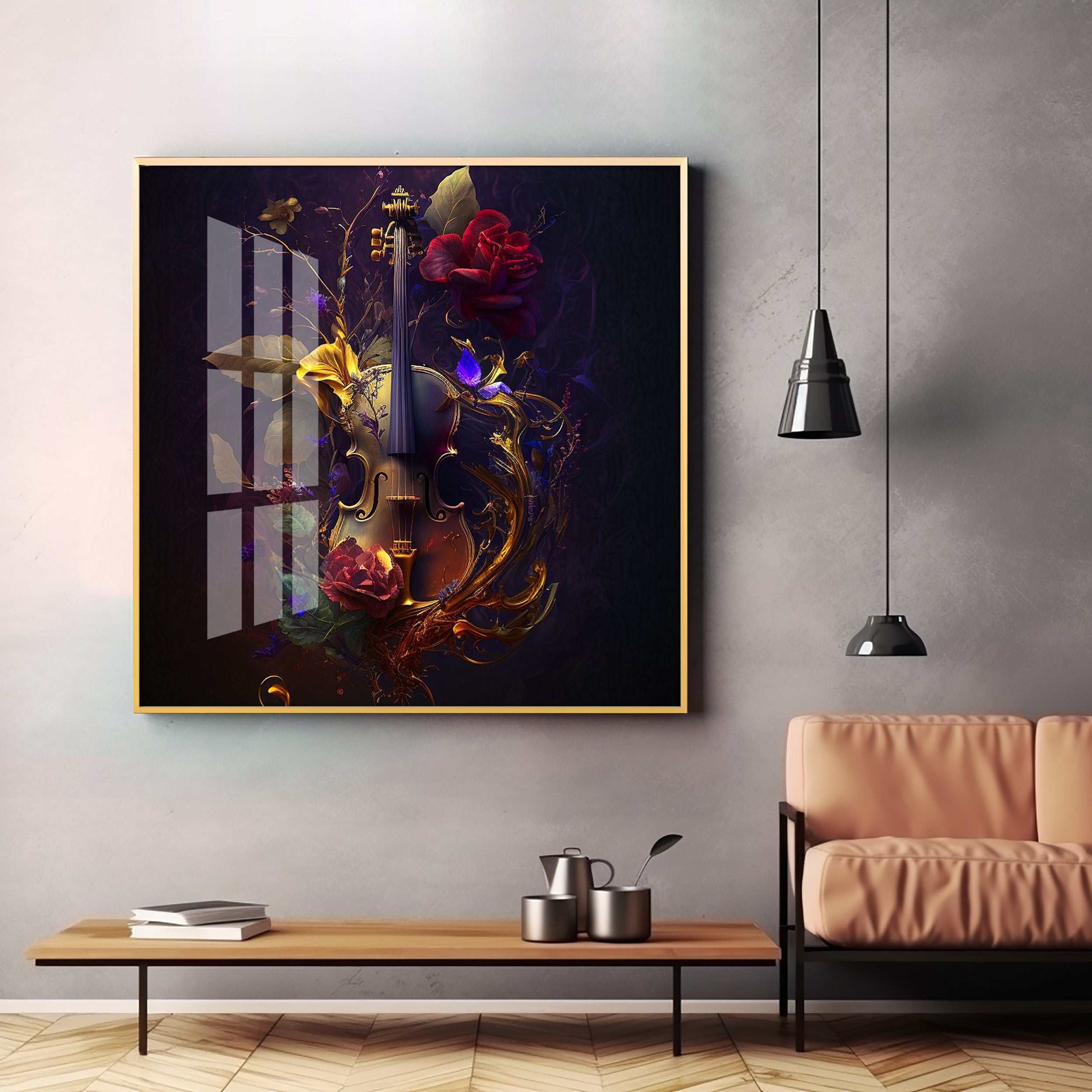 Violin and Rose Composition Glass Finish Square Wall Art