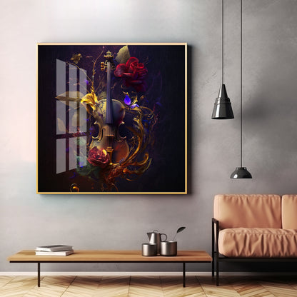 Violin and Rose Composition Glass Finish Square Wall Art