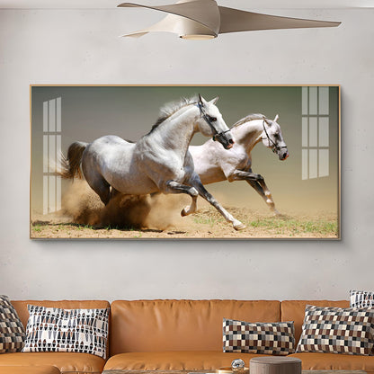 Satin Matt Running Horses Glass Finish Horizontal Wall Art