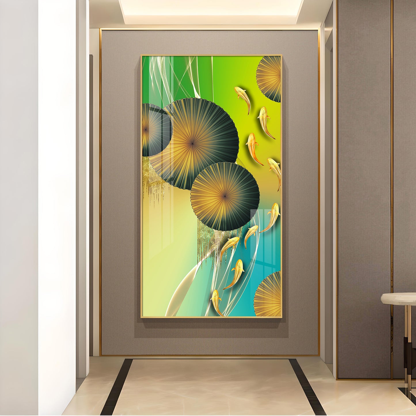 Emerald Oasis Koi Glass Finish Vertical Wall Art