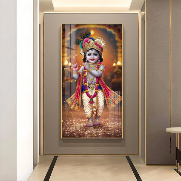 Divine Little Krishna Glass Finish Vertical Wall Art