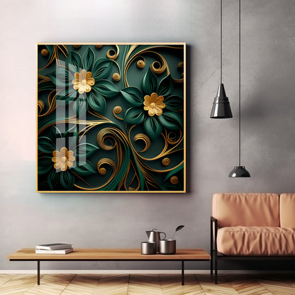 Emerald Garden Flower Glass Finish Square Wall Art