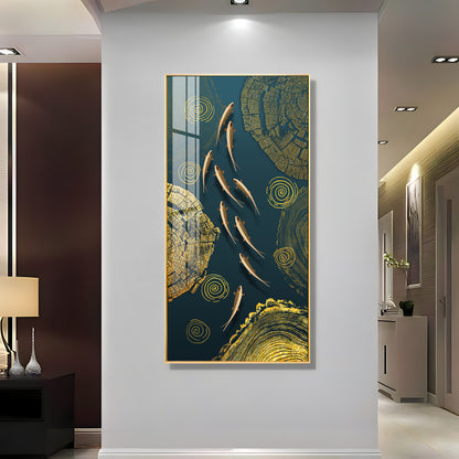 Green Koi Fishes Glass Finish Vertical Wall Art