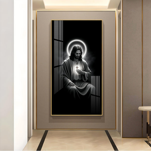 Jesus Black and White Glass Finish vertical Wall Art
