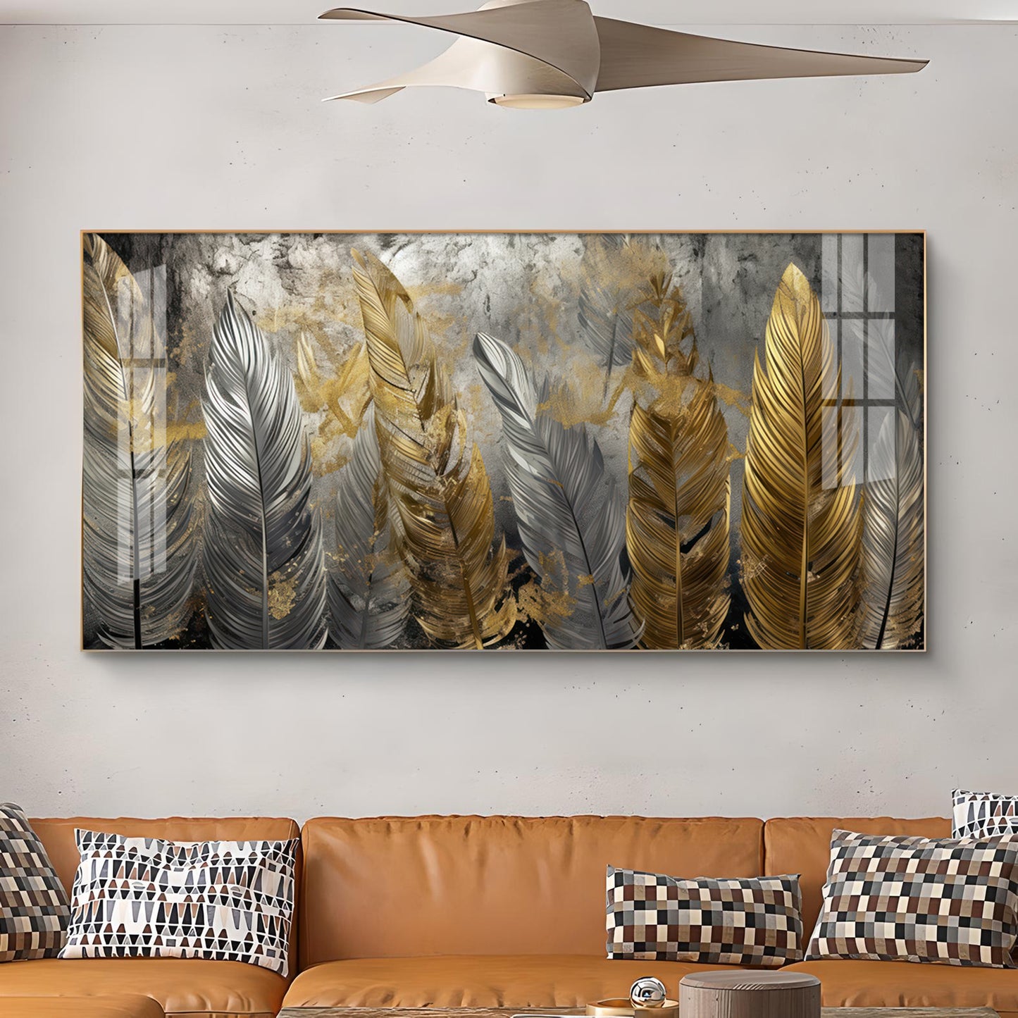 Golden And Silver Feather Glass Finish Horizontal Wall Art