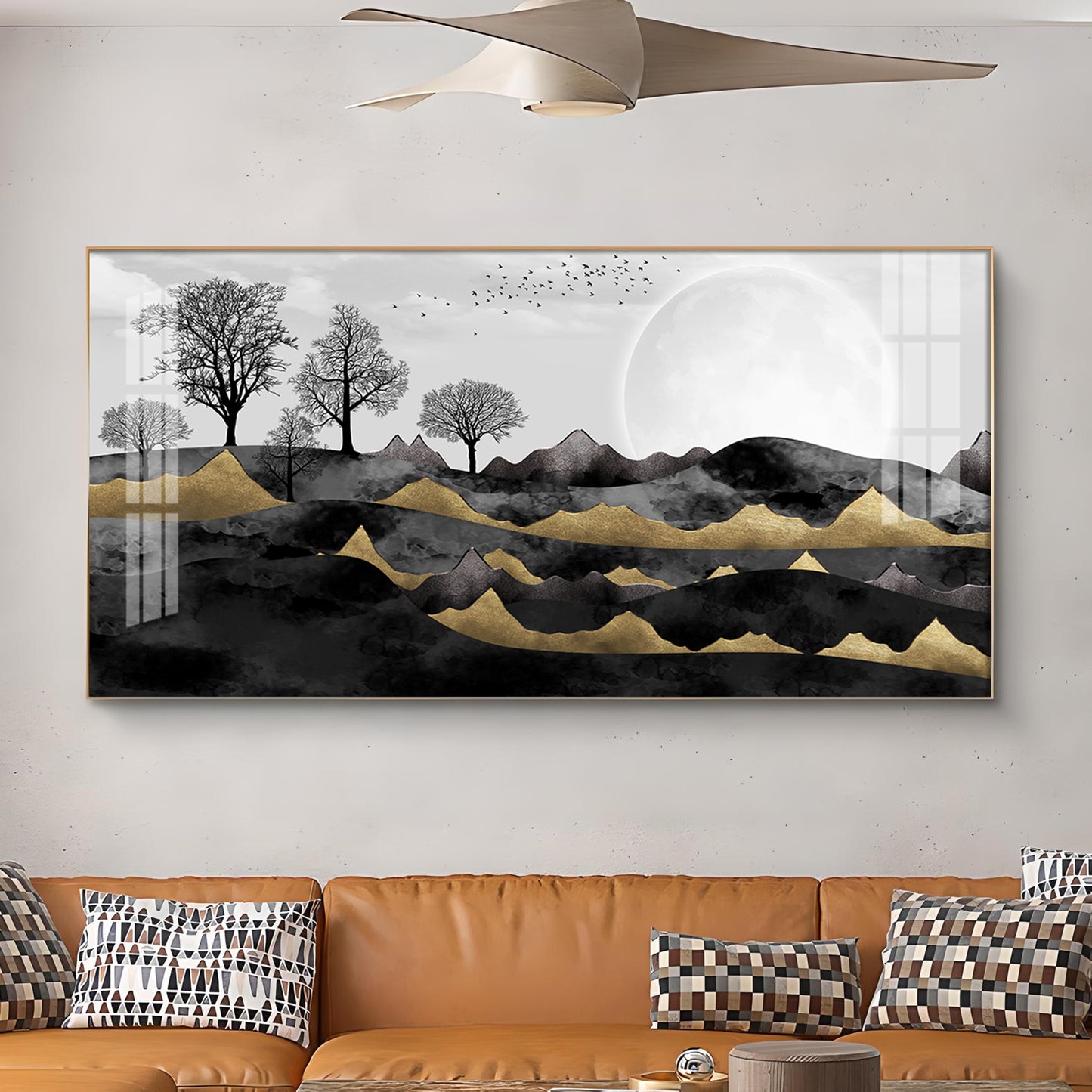 White Sun With Birds Glass Finish Horizontal Wall Art