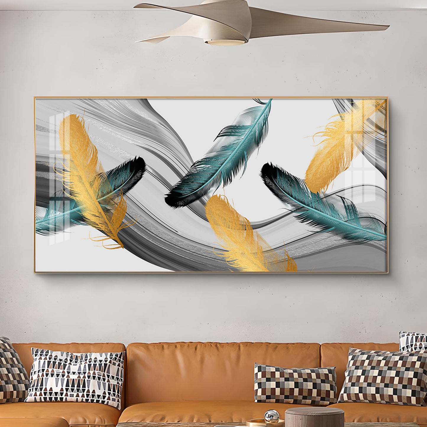 Ginkgo Leaf And Feather Glass Finish Horizontal Wall Art