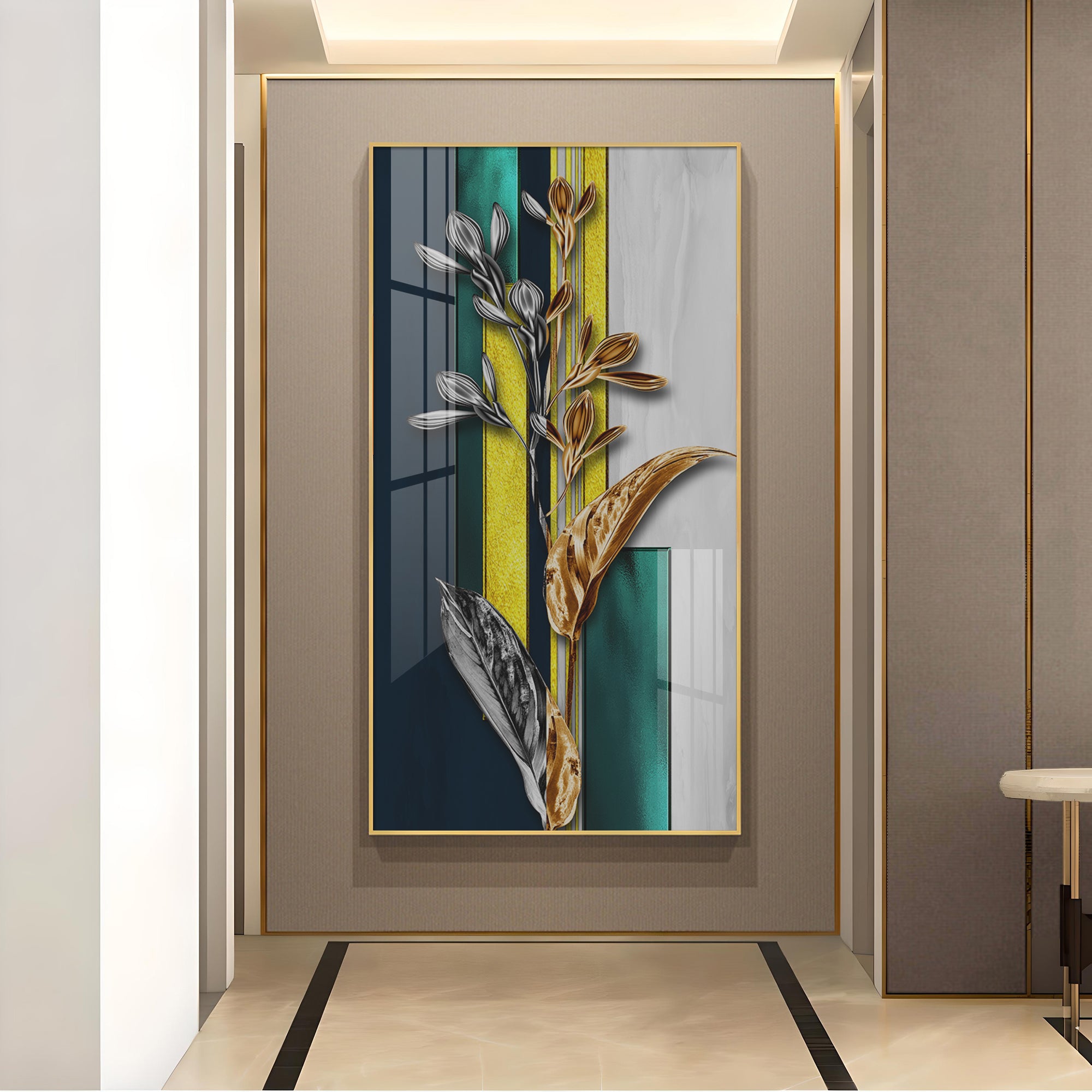 Gilded Floral Glass Finish Vertical Wall Art