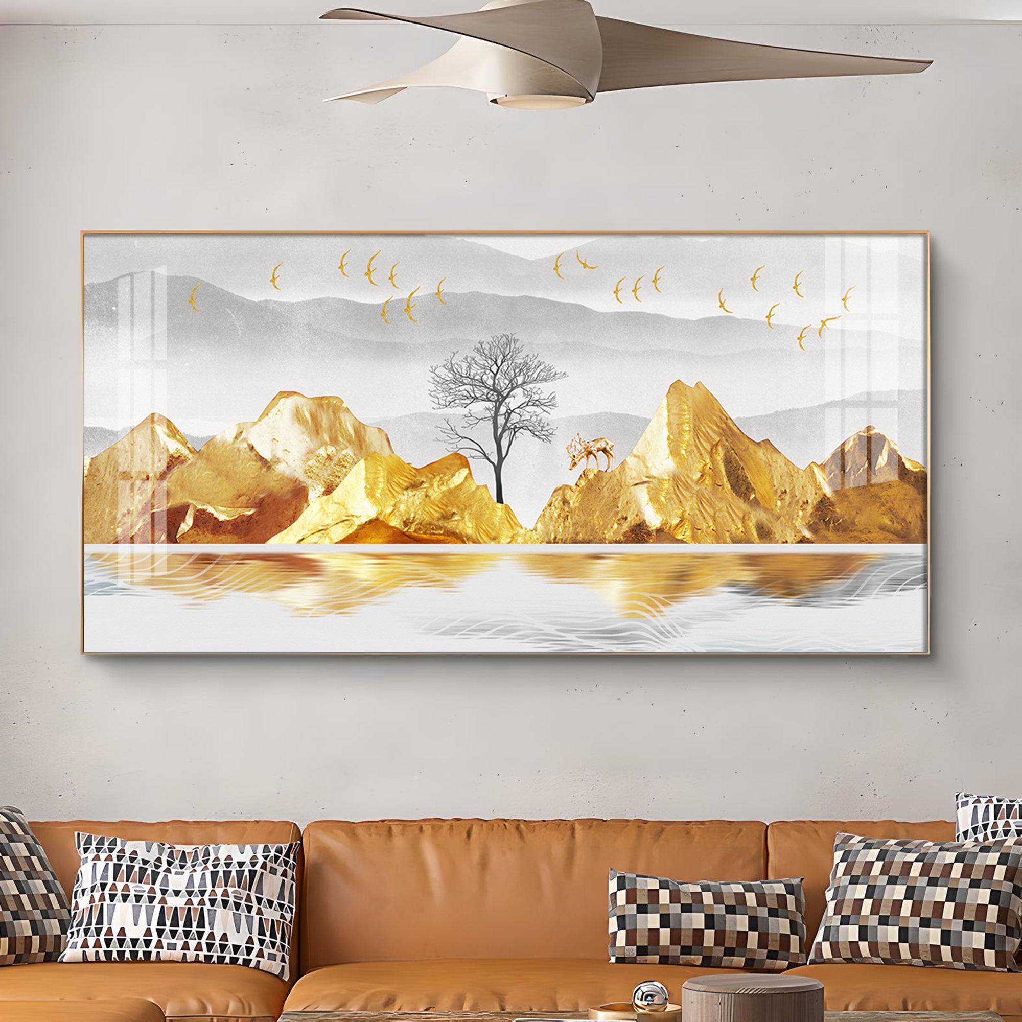 Golden Mountains And Birds Glass Finish Horizontal Wall Art