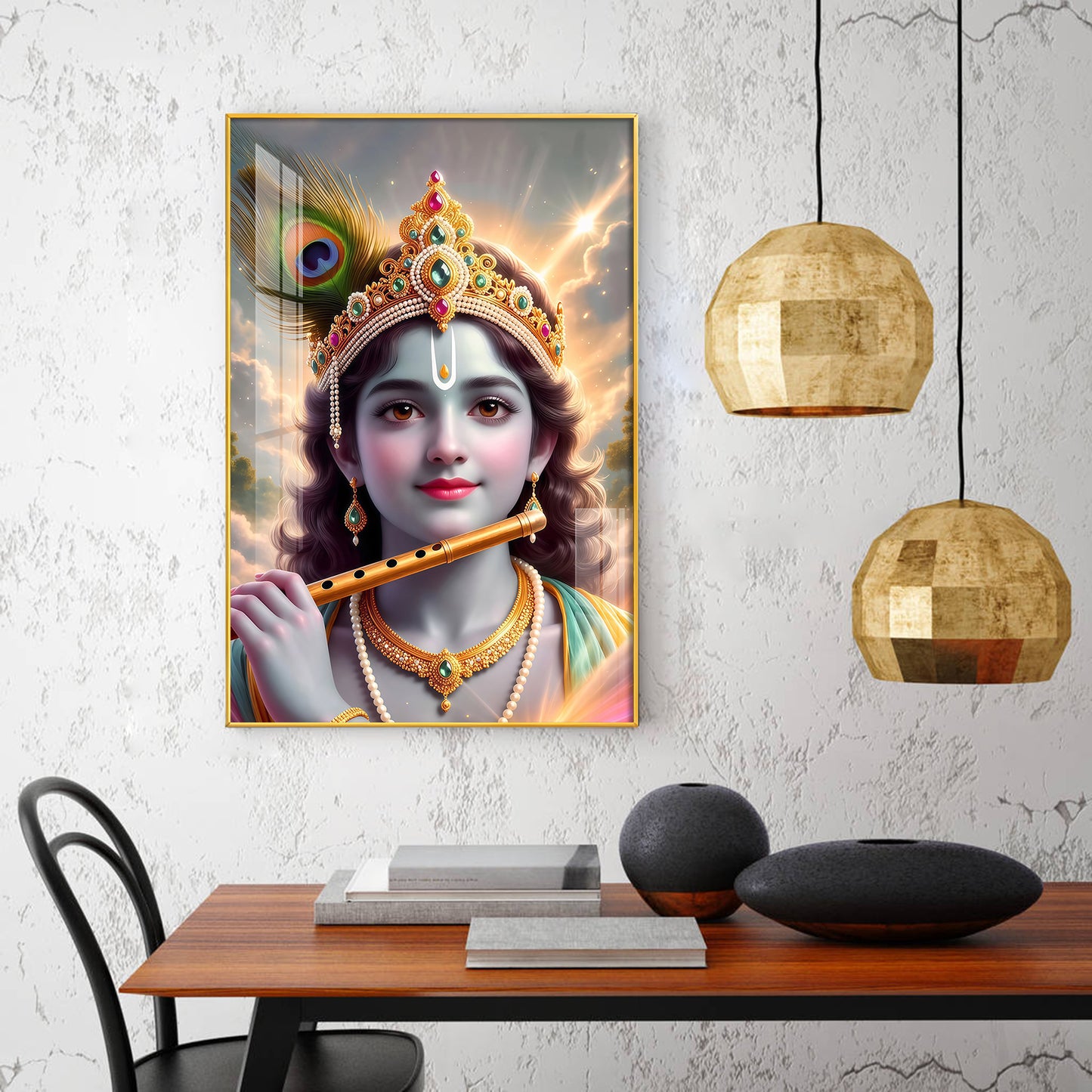 Shri Krishna Ji With Flute Glass Finish Vertical Wall Art