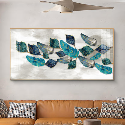 Turquoise Greay Leaves Glass Finish Horizontal Wall Art