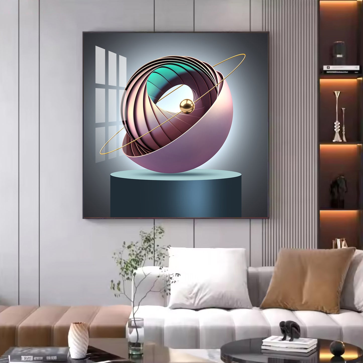 Aureate Ringed Sphere Glass Finish Square Wall Art