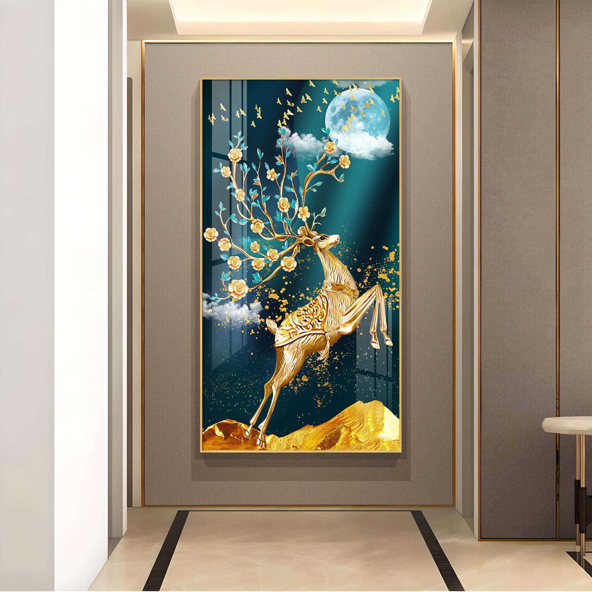 Golden Antlers and Blossoms Glass Finish Vertical Wall Art