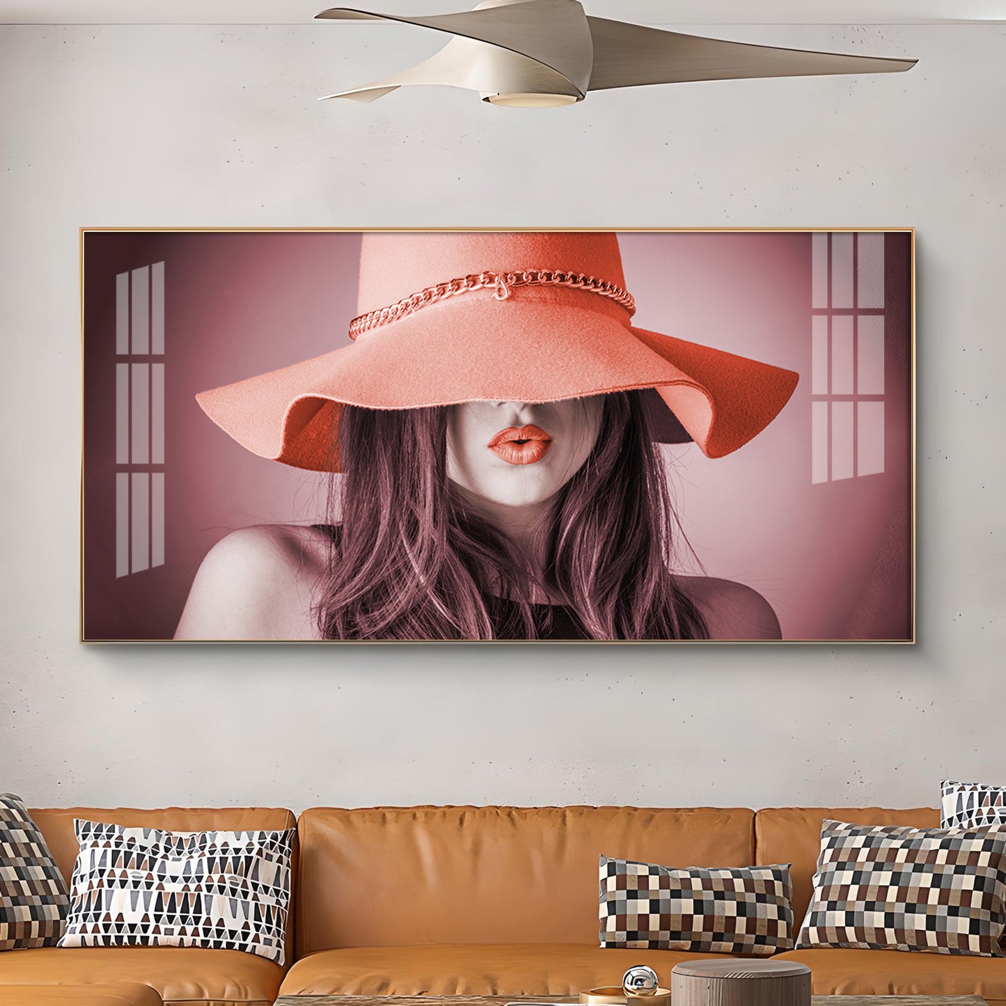 Modern Lady With Hat Glass Finish Horizontal Wall Art