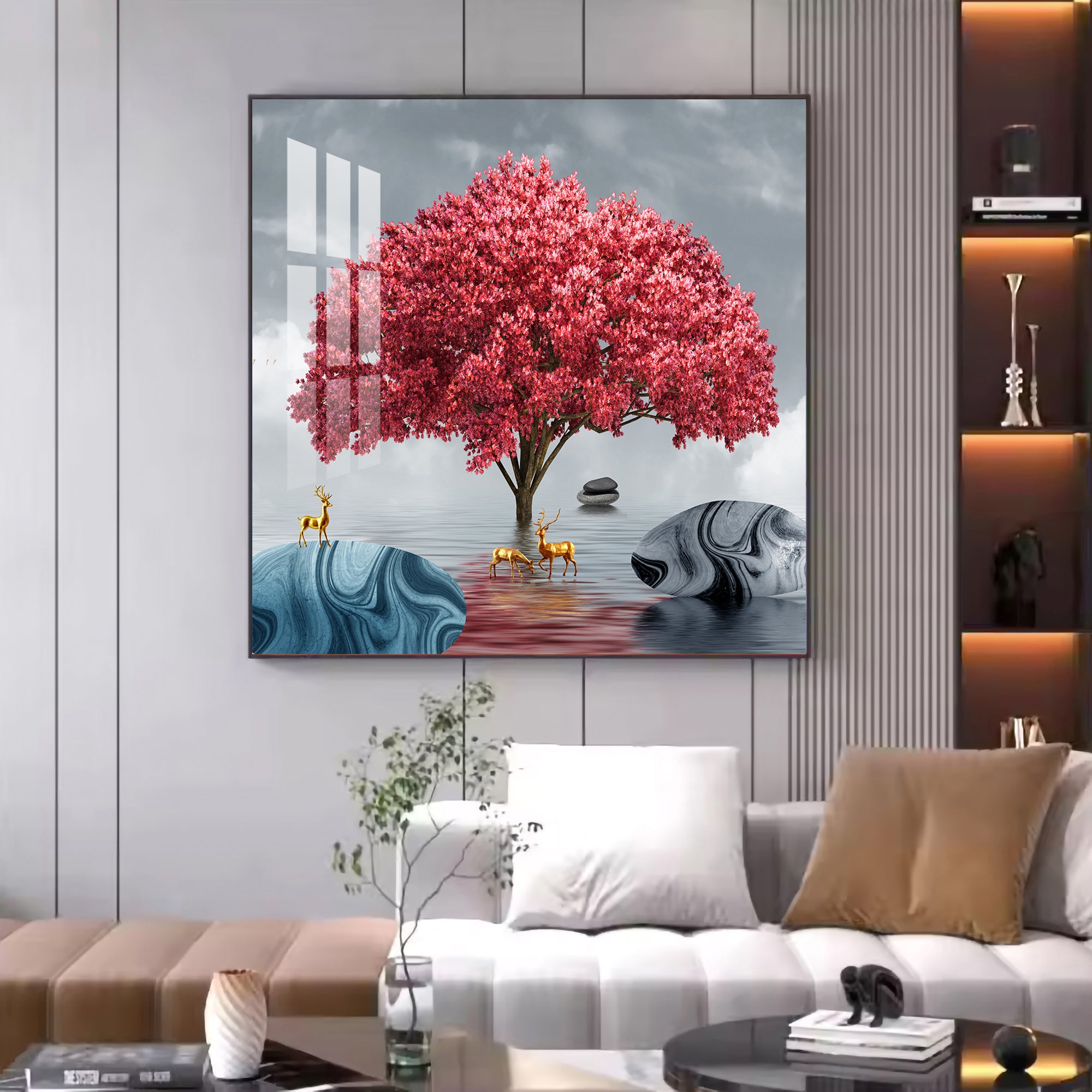 Rosy Bloom Tree Glass Finish Square Wall Art