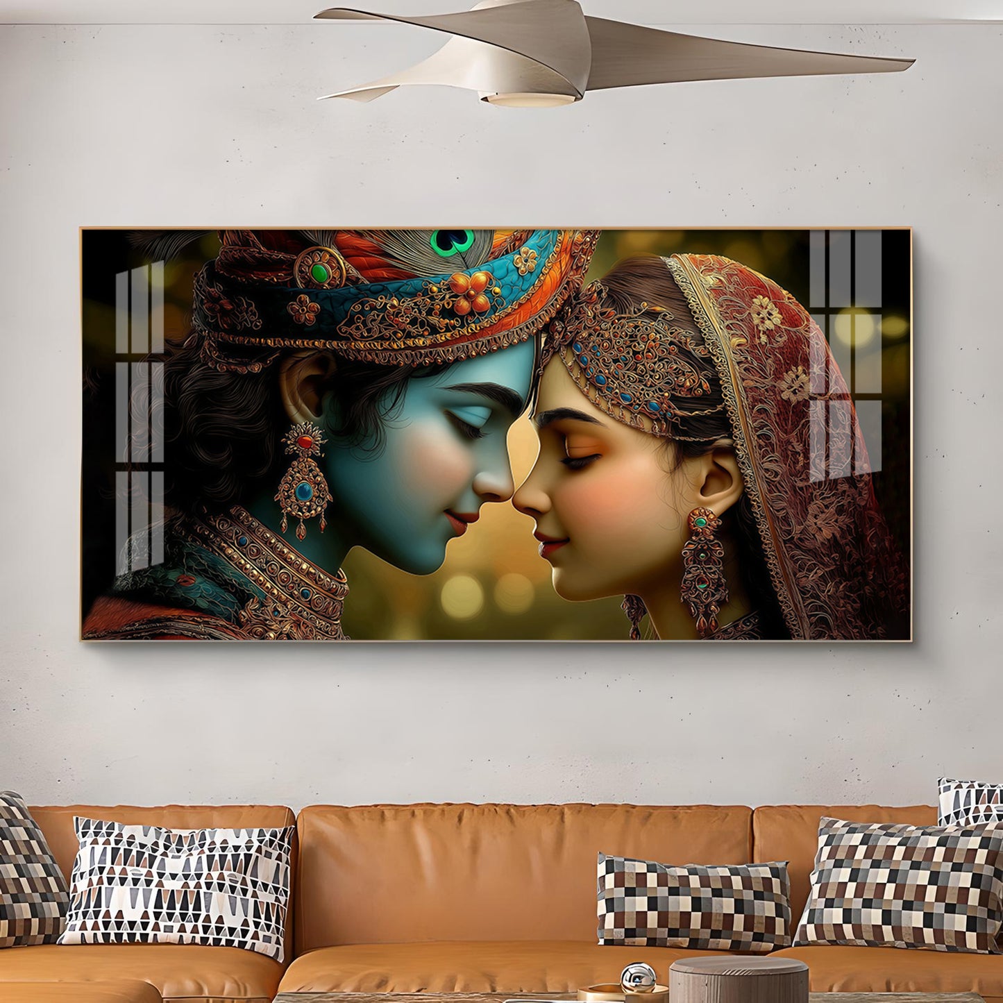 Beauty Couple Radha Krishna Glass Finish Horizontal Wall Art