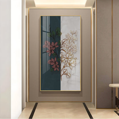 Dual Floral Marble Glass Finish Vertical Wall Art