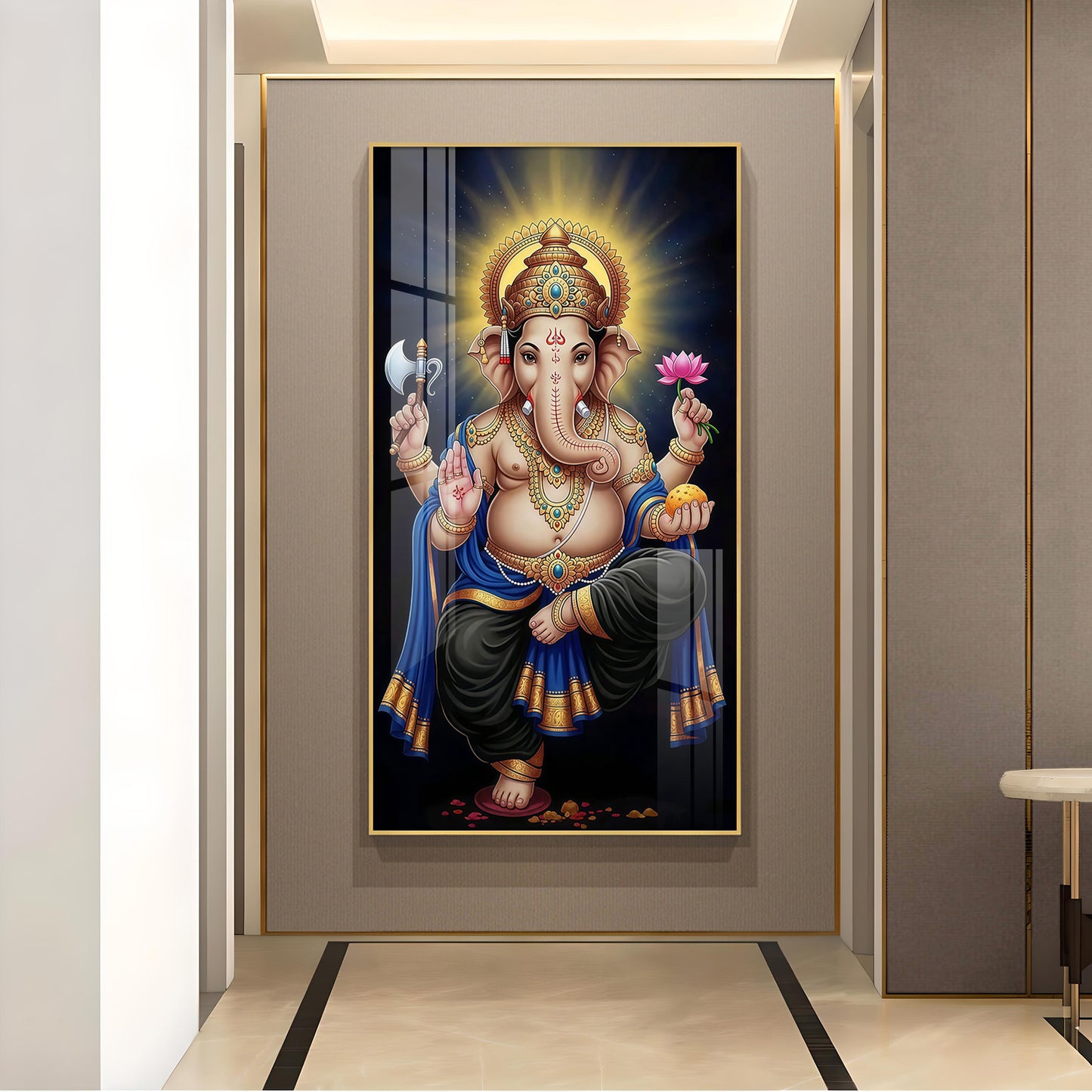 Om Gan Ganpataye Glass Finish Vertical Wall Art