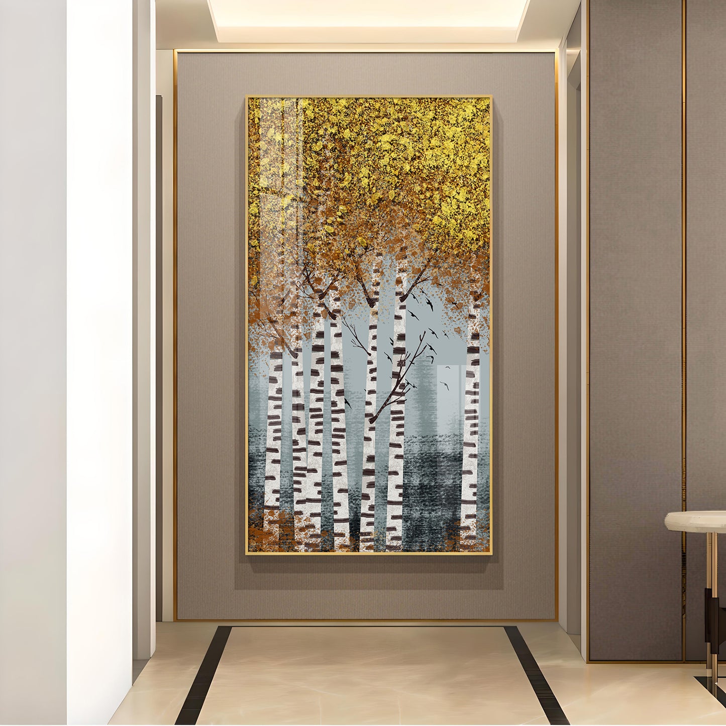 Autumnal Birch Reverie Glass Finish Vertical Wall Art