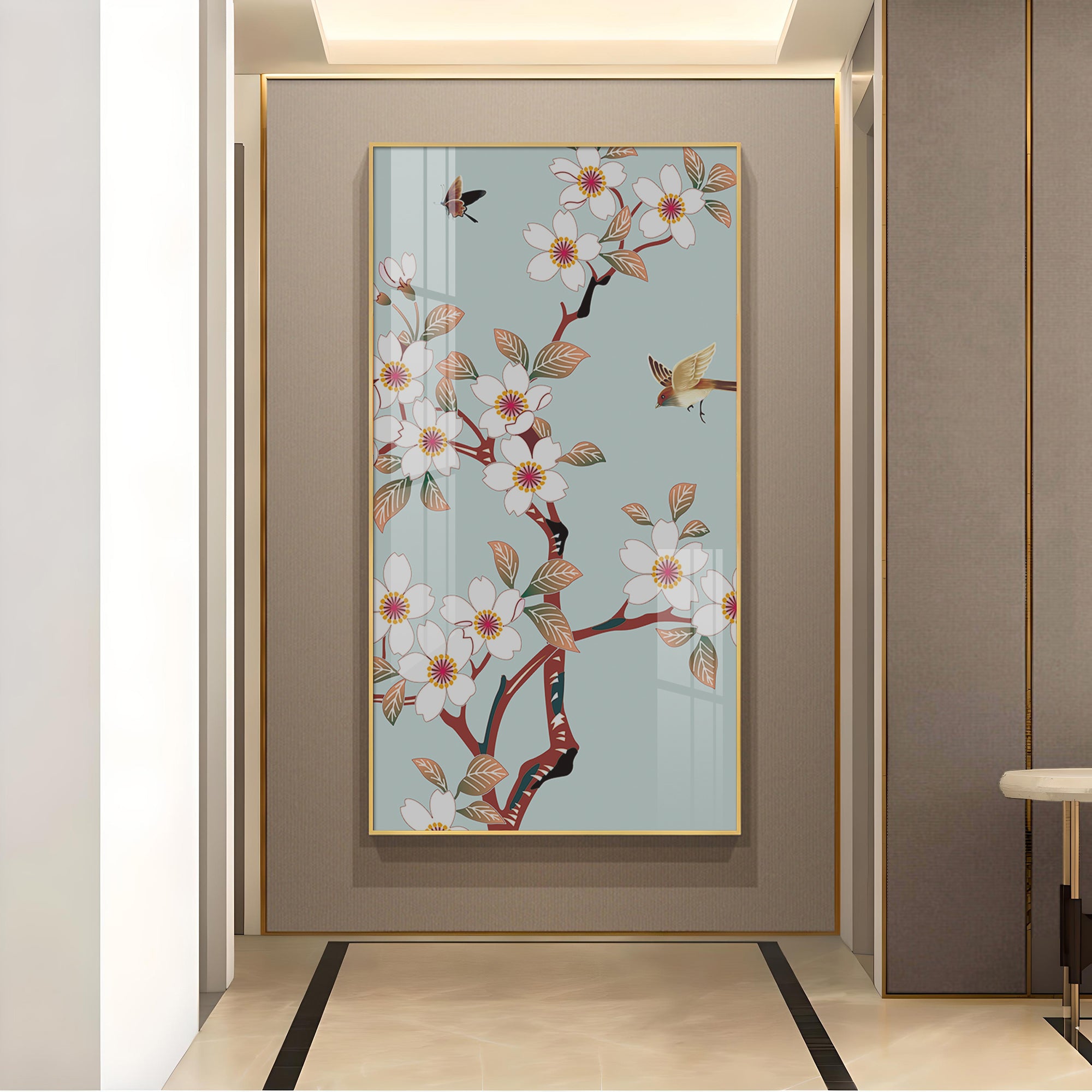 Avian Blossom Glass Finish Vertical Wall Art