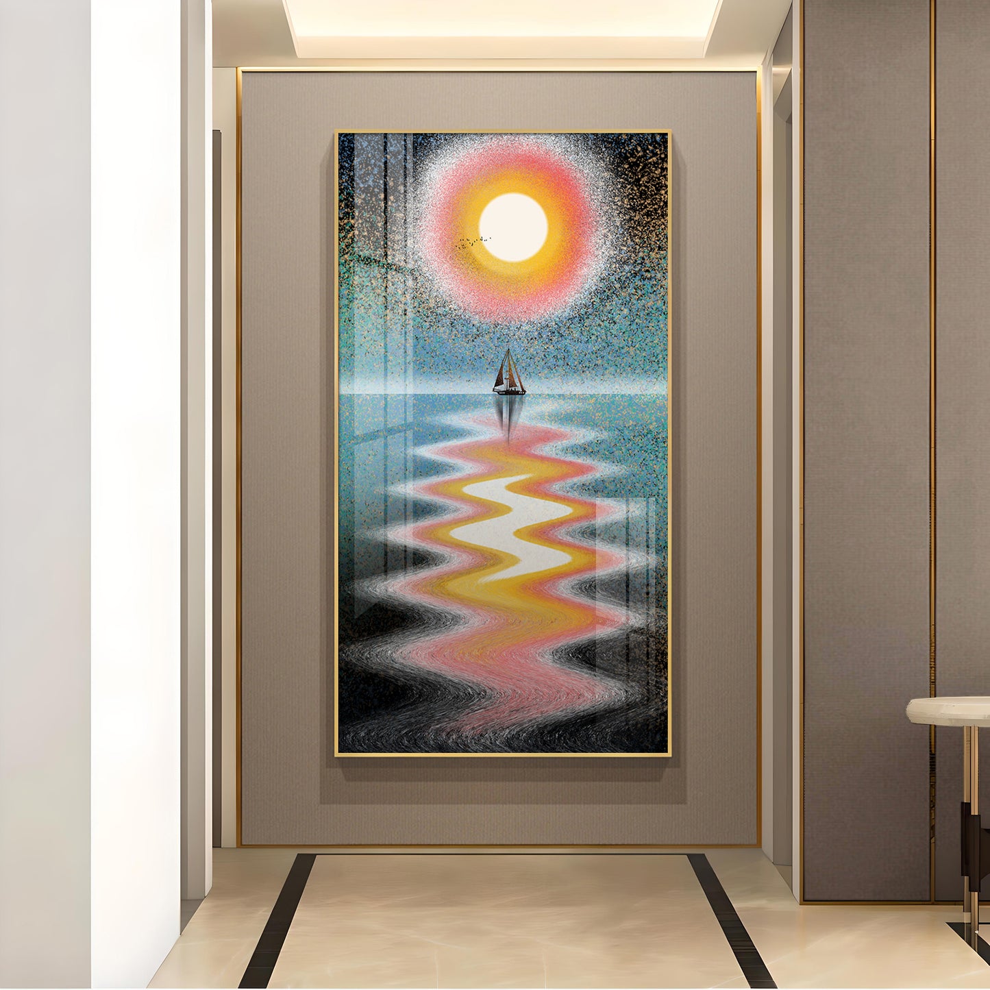 Sunlit Voyage Glass Finish Vertical Wall Art